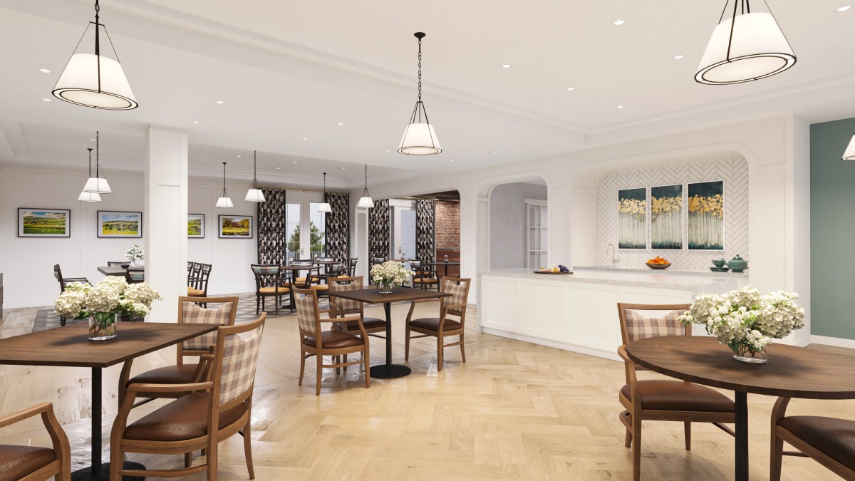 Spacious dining area with modern decor and ample seating.