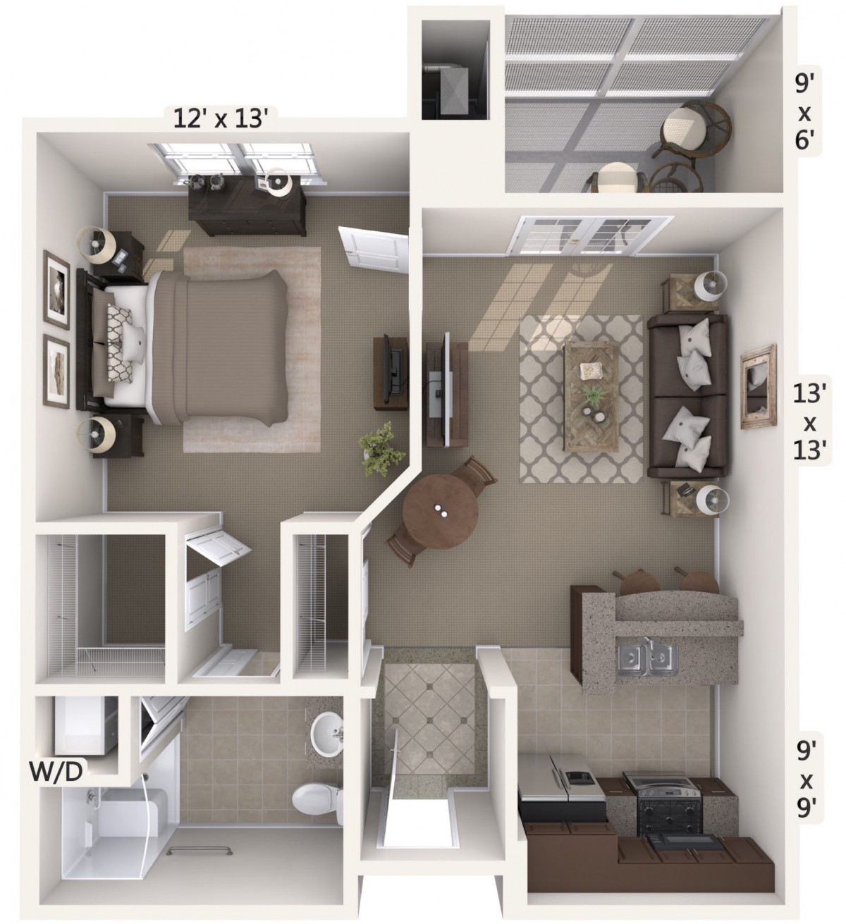 A one-bedroom apartment floor plan featuring a living room, kitchen, and bathroom.