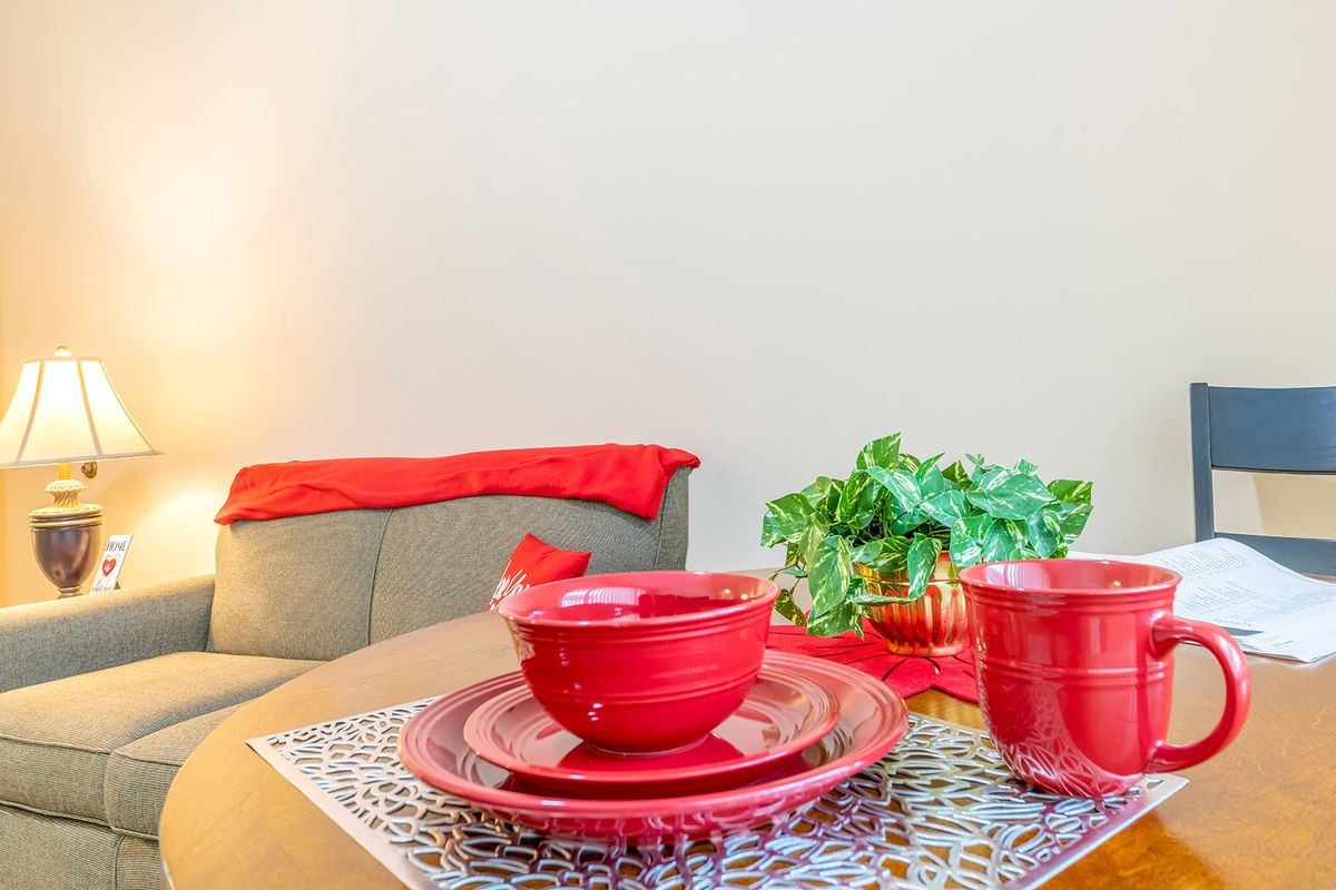 A cozy dining setup featuring red dinnerware and a decorative plant.