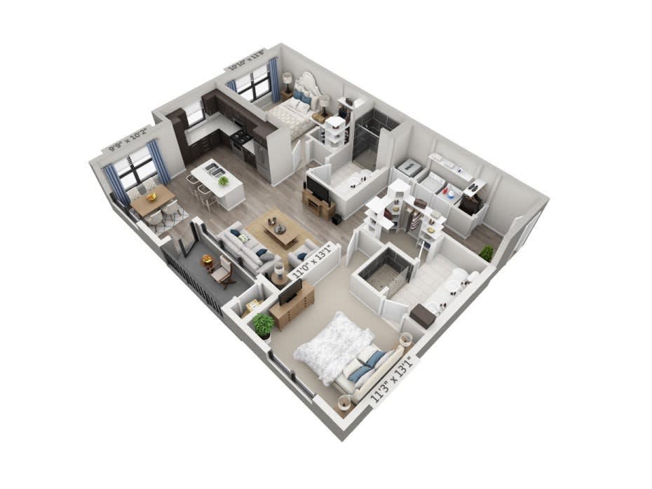 A 3D-rendered floor plan showing an apartment layout with multiple rooms.