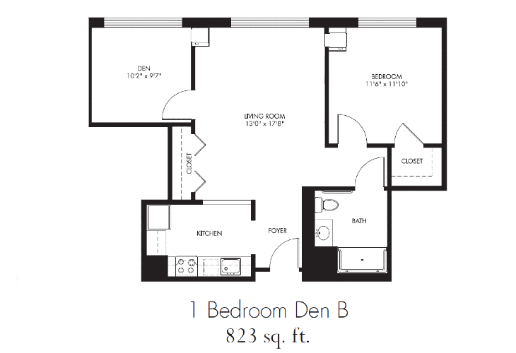 Floor plan of a 1 Bedroom apartment with a den, measuring 823 square feet.