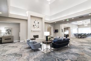 A modern lobby with elegant seating and decor.