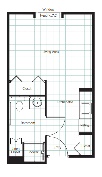 A studio apartment floor plan showing a living area, kitchenette, bathroom, and closet.