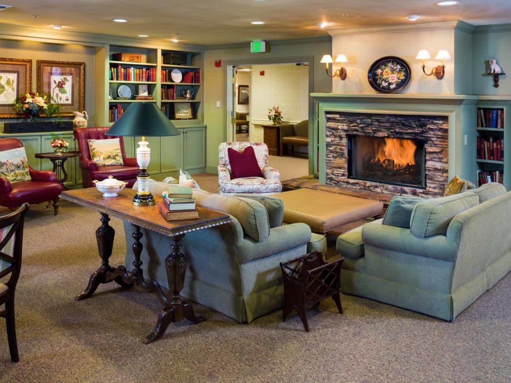 A cozy living room with a warm fireplace, comfortable seating, and bookshelves.