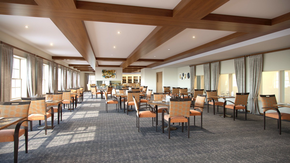 A spacious, modern dining area with wooden beams and neatly arranged tables and chairs.