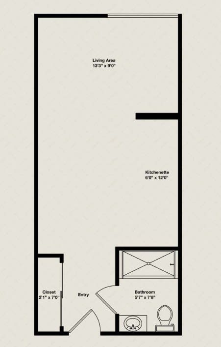 A simple floor plan diagram showing room dimensions for a single room layout.