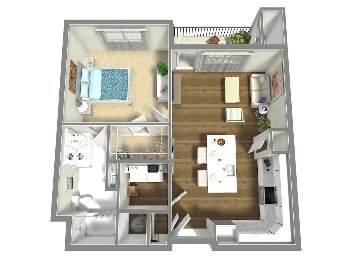 A 3D floor plan of a one-bedroom apartment featuring an open living area, kitchen, bathroom, and balcony.