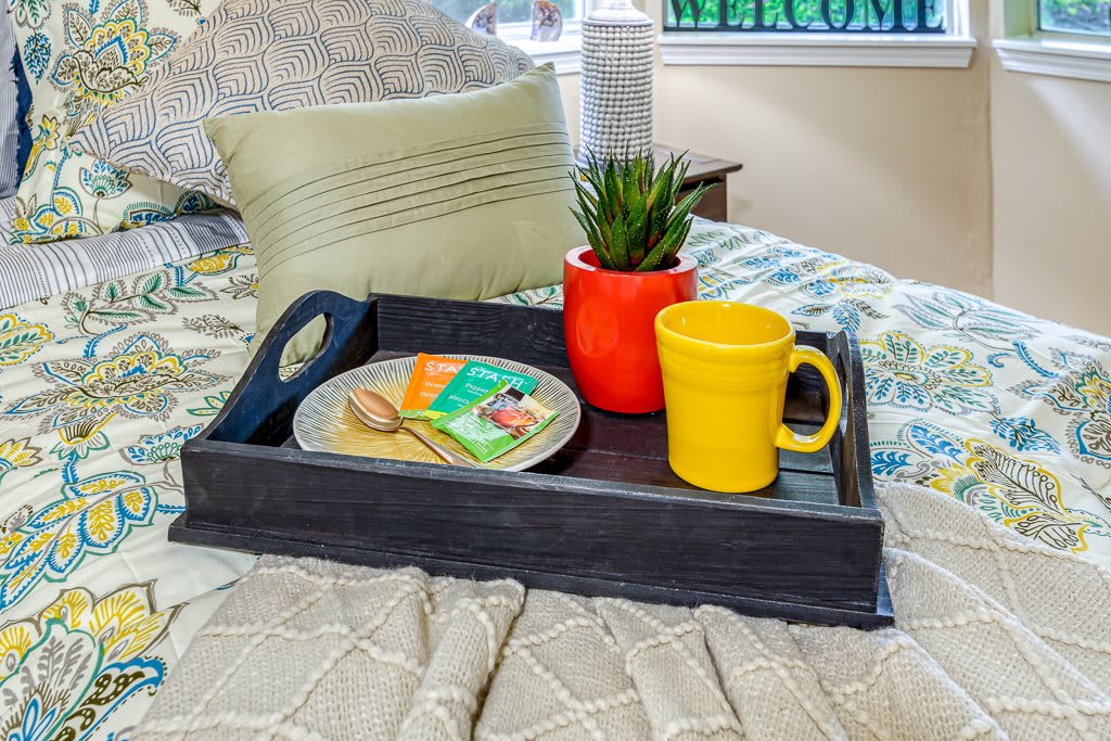 A cozy breakfast in bed setup with a colorful mug and plant on a tray.