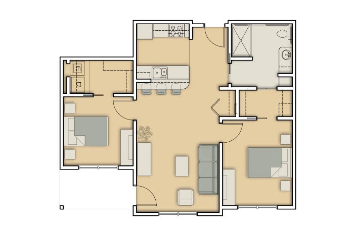 A floor plan of an apartment featuring two bedrooms, a living room, kitchen, and bathroom.