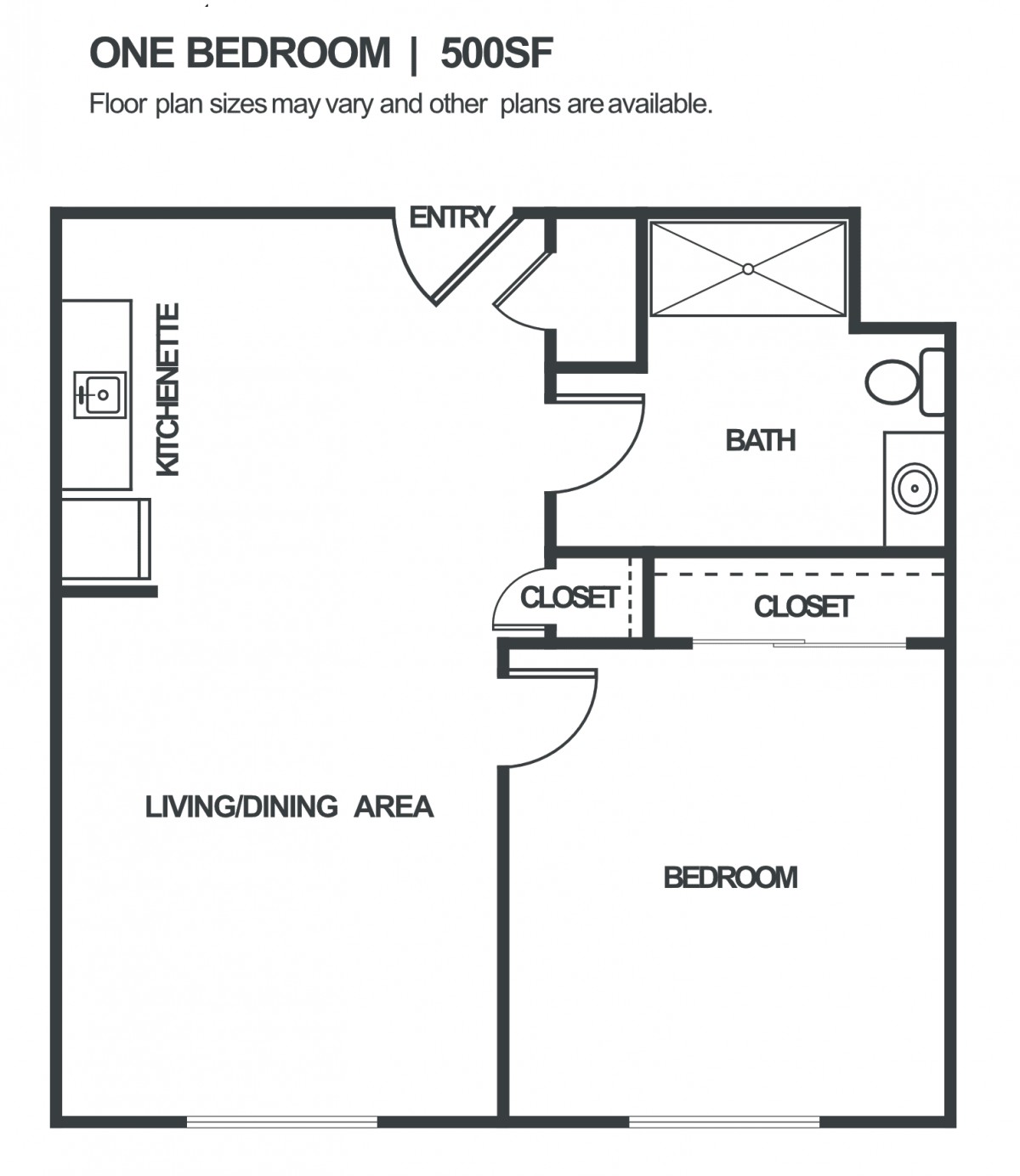 One-bedroom apartment floor plan showing the living area, kitchen, bathroom, and closets.