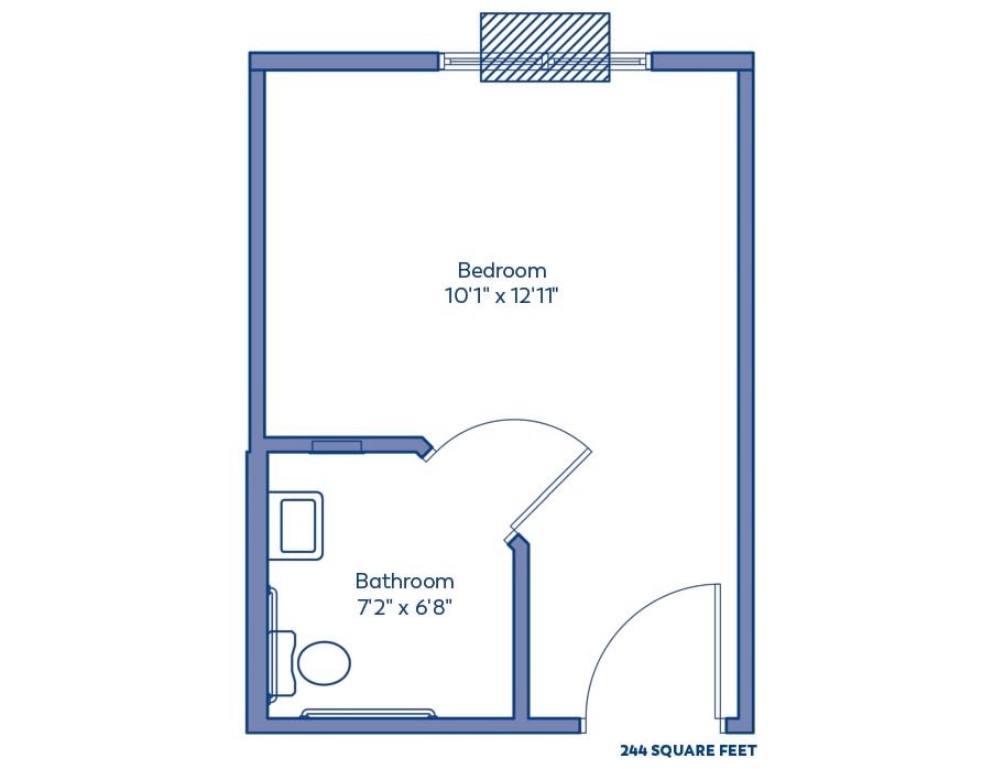 Simple floor plan of a small apartment with a bedroom and bathroom.