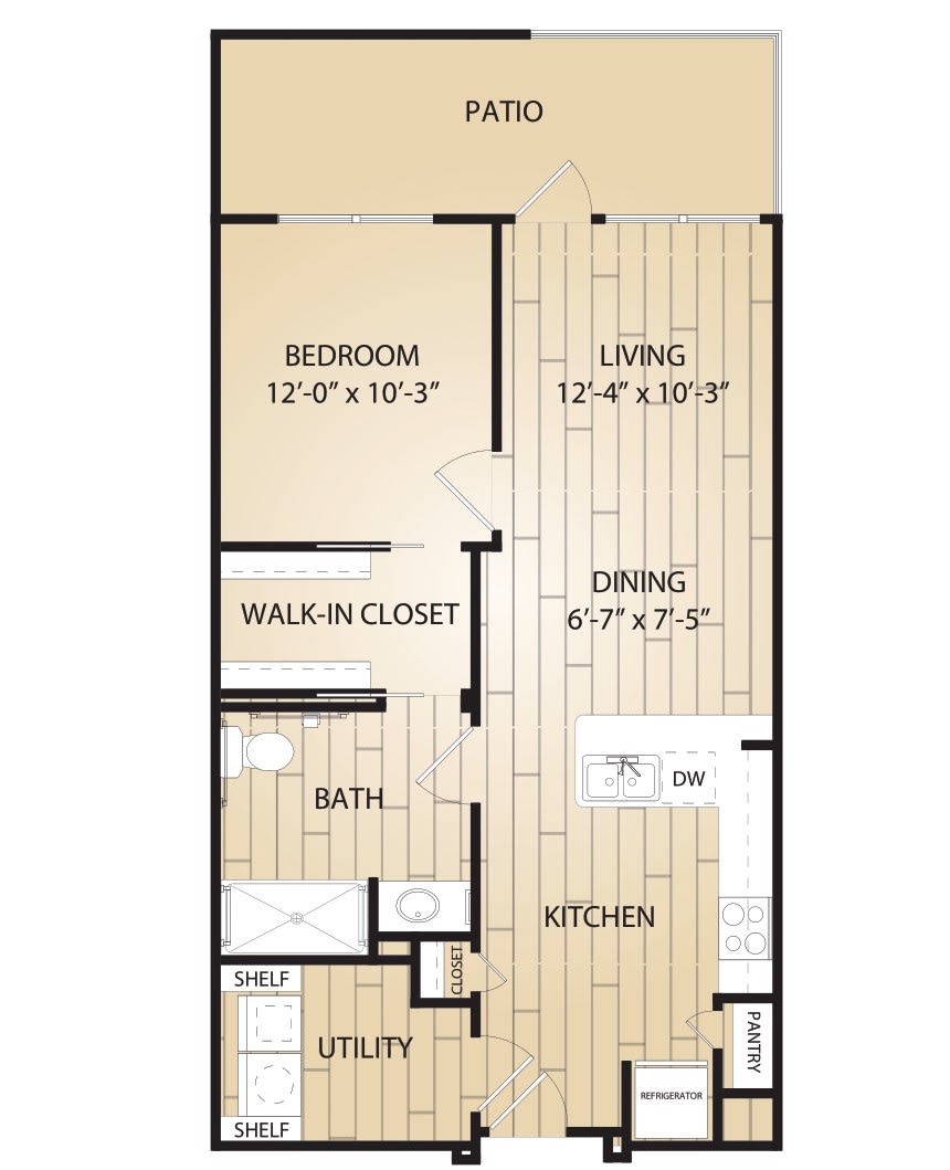Floor plan of a one-bedroom apartment with labeled areas including living room, dining area, kitchen, bath, utility, and walk-in closet.