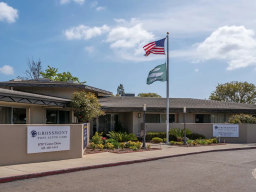 A well-maintained building displaying the American flag and surrounded by lush landscaping.