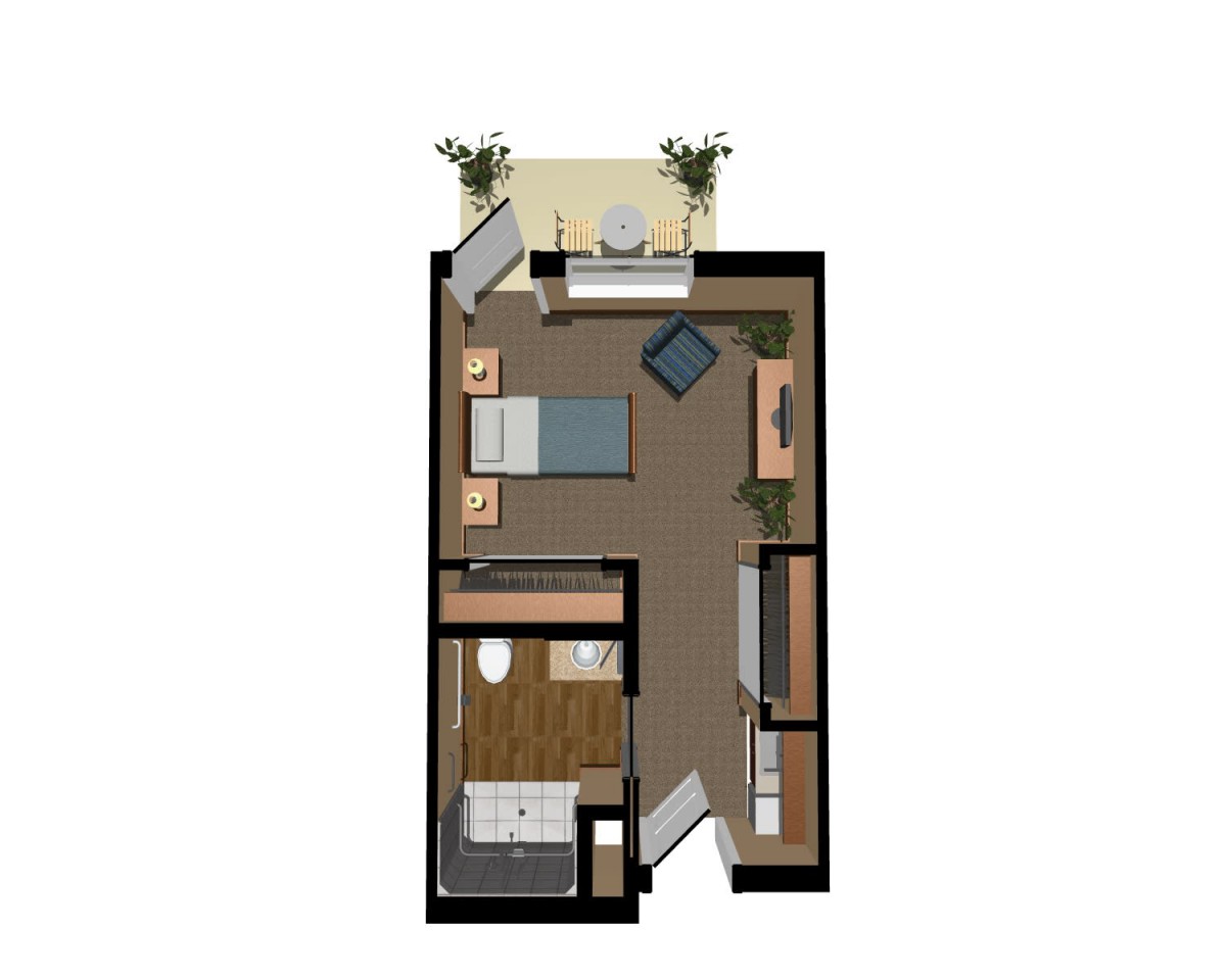 A 3D floor plan of a one-bedroom apartment featuring a compact layout with designated living, sleeping, and bathroom areas.