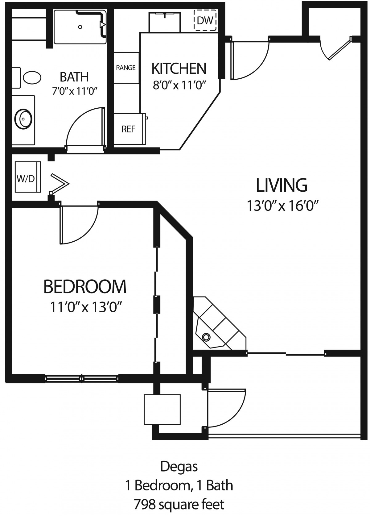A floor plan of a one-bedroom apartment featuring a living room, bathroom, and designated kitchen area.