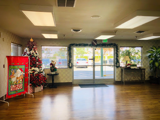 A festive lobby decorated for the Christmas season, featuring a colorful tree and holiday decorations.