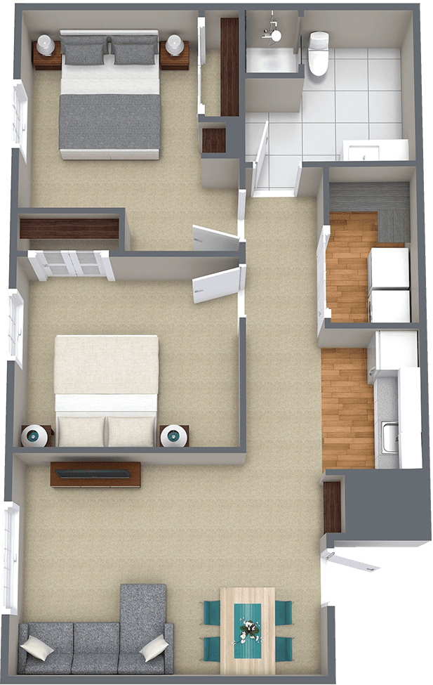 3D floor plan of an apartment showing the layout of rooms including a bedroom and kitchen.