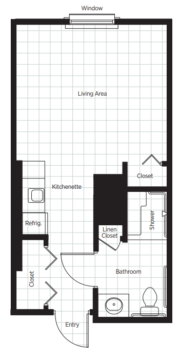 A floor plan of a studio apartment featuring a living area, kitchenette, bathroom, and closet.