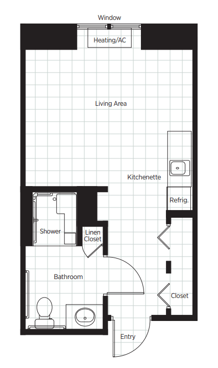 Studio apartment floor plan with a living area, kitchenette, and bathroom.