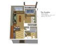 Floor plan of a one-bedroom apartment showing the layout of rooms including the kitchen, living room, and bathroom.