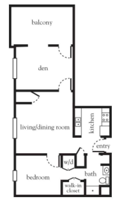 A simple floor plan with a den, living/dining room, kitchen, and entryway.