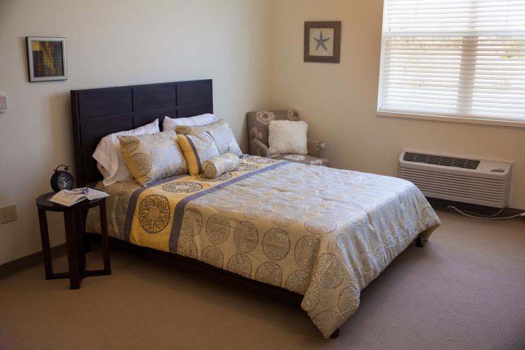 A neatly arranged bedroom with a decorated bed and natural lighting.