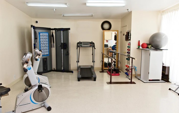 A well-equipped gym room with various fitness machines and weights.