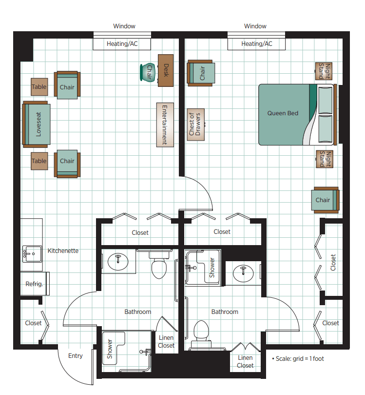 A floor plan of a two-bedroom apartment featuring a living room, kitchen, and bathrooms.