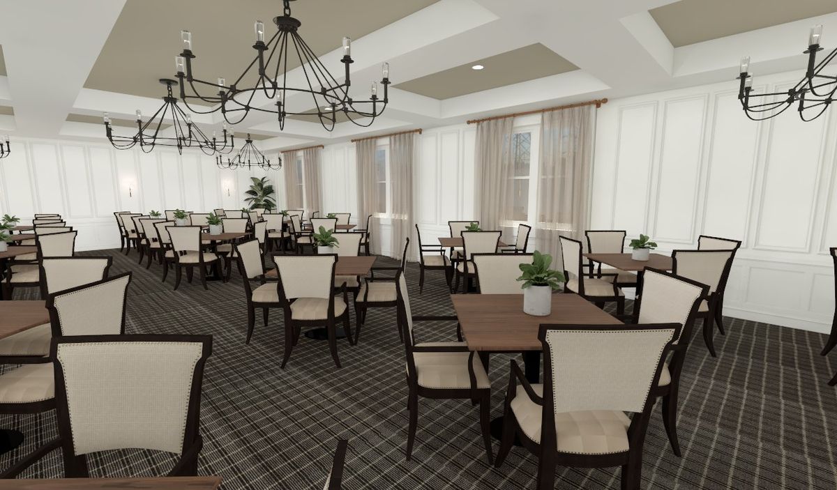 A spacious and elegantly designed dining room with multiple tables, chairs, chandeliers, and large windows adorned with curtains.