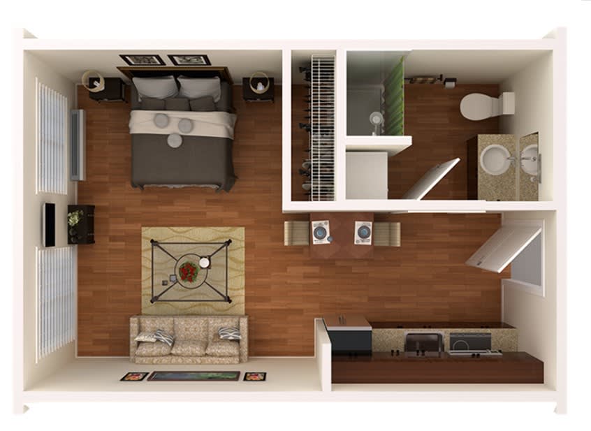 A top-down view of a one-bedroom apartment floor plan featuring a living room, bedroom, kitchen, and bathroom.