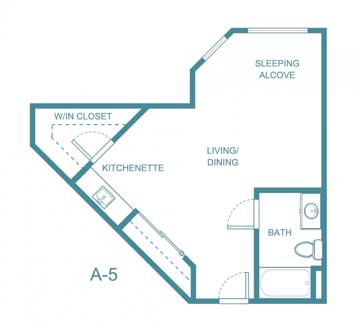 A floor plan of a studio apartment featuring a kitchenette, living/dining area, sleeping alcove, and bathroom.