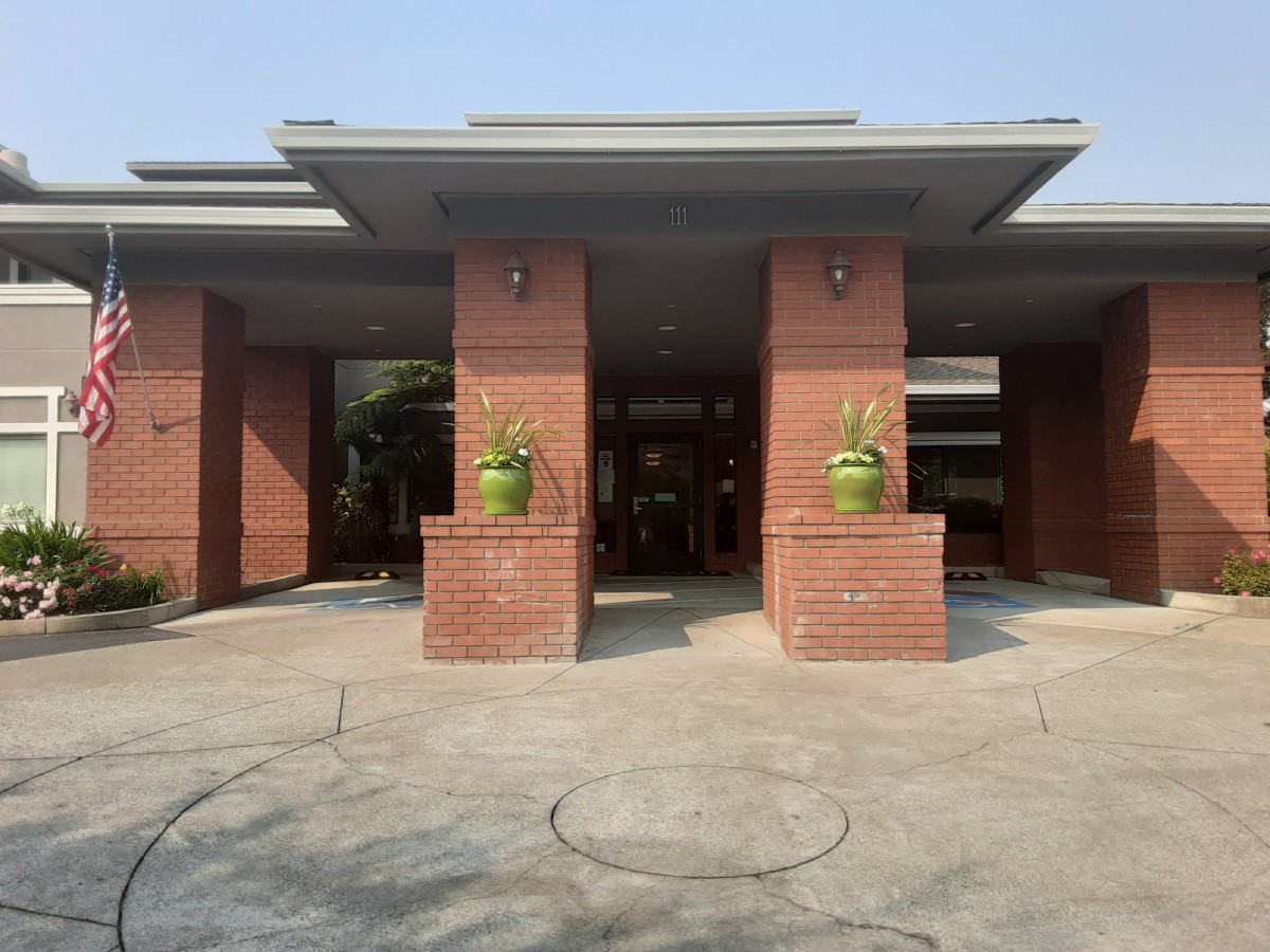 A brick building entrance with two green potted plants flanking the doorway.
