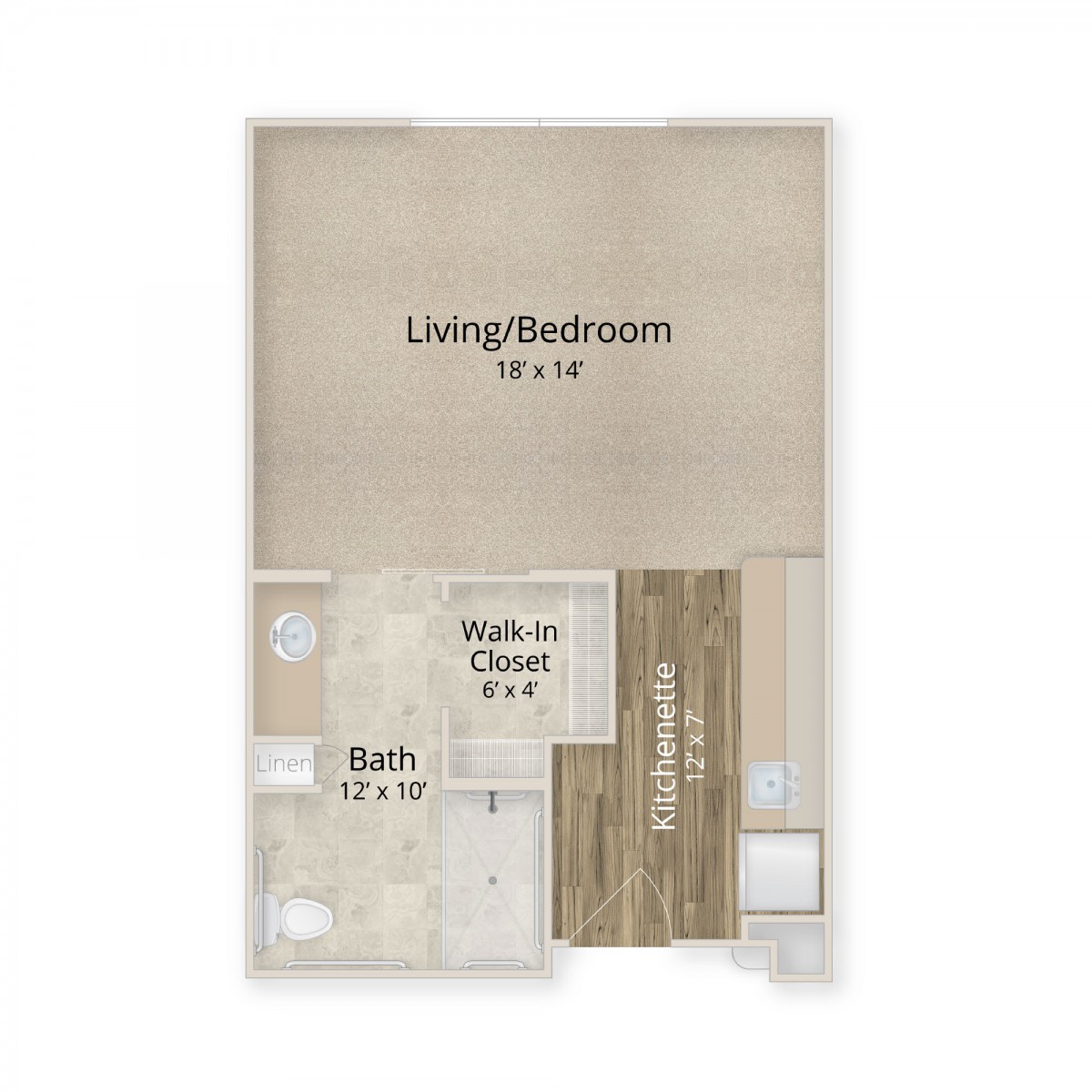 Floor plan of an apartment featuring a living/bedroom area, bathroom, and walk-in closet.