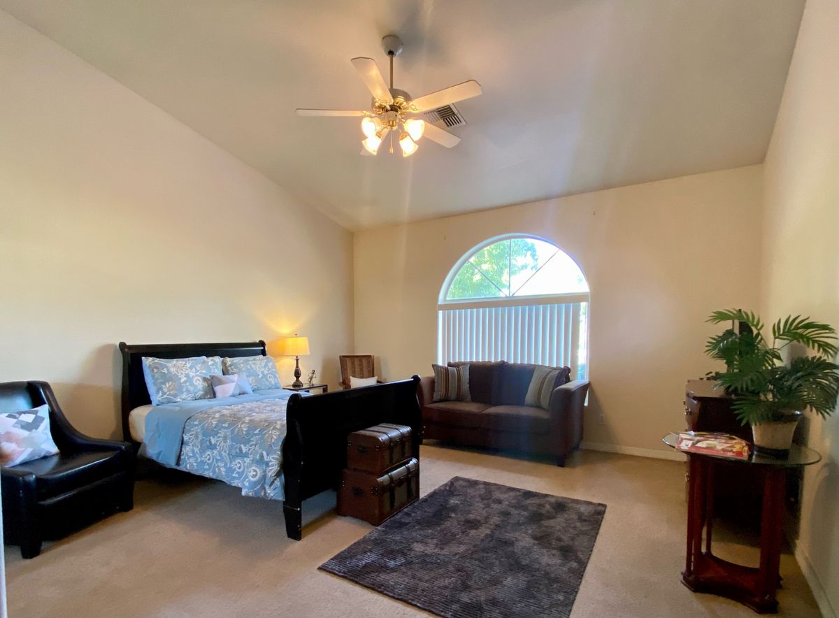 A cozy bedroom with a bed, sofa, and a large window allowing natural light to brighten the space.