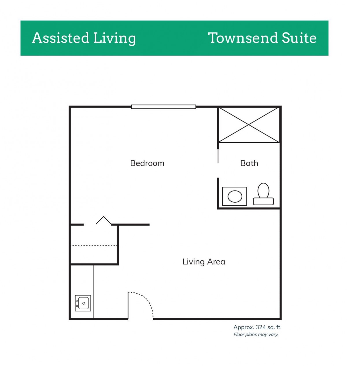Floor plan of the Townsend Suite in an assisted living facility, featuring a living area, bedroom, and bathroom.