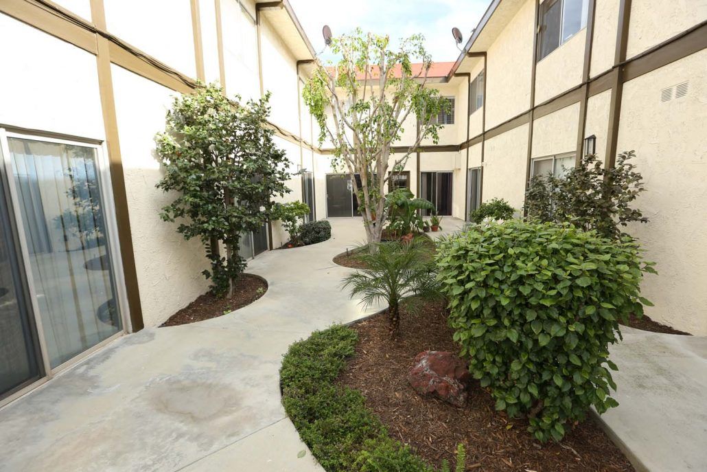A tranquil courtyard with lush greenery and a curved walkway between buildings.