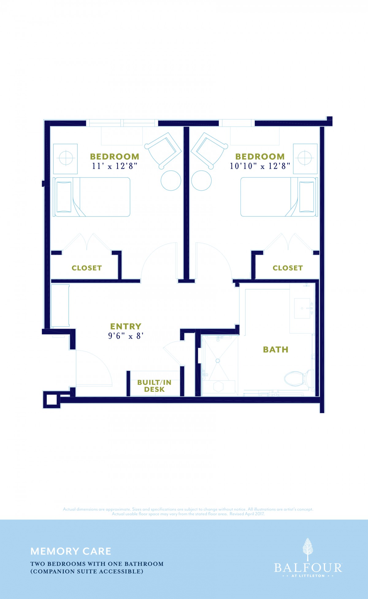 A simple floor plan showing an apartment with two bedrooms, a bathroom, a kitchen, and closets.