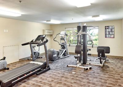 A well-equipped gym with various exercise machines and a treadmill.