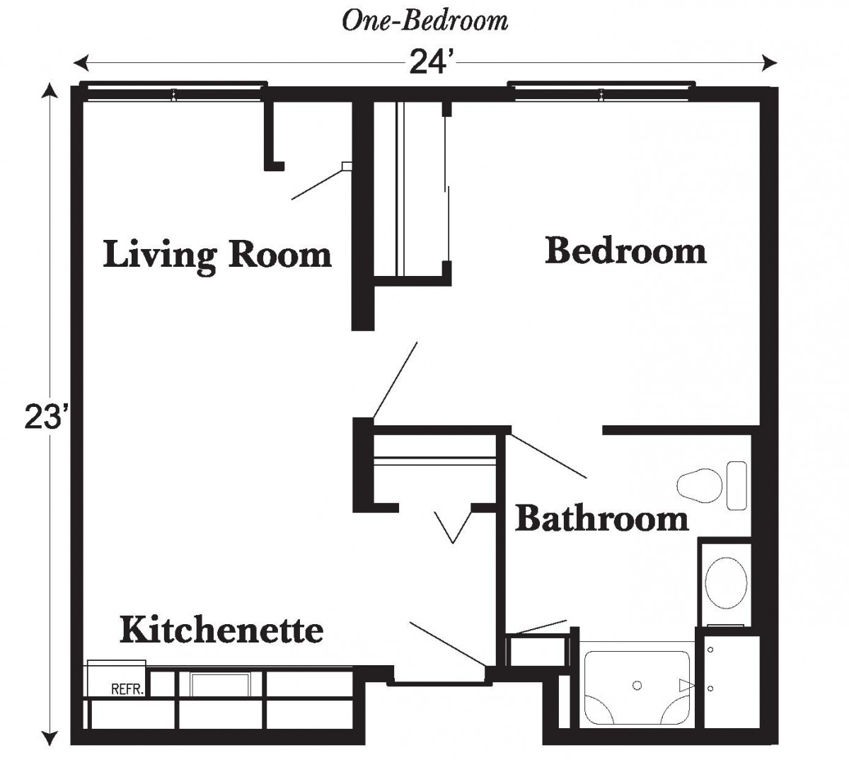A floor plan of a one-bedroom apartment featuring a living room, kitchenette, bedroom, and bathroom.