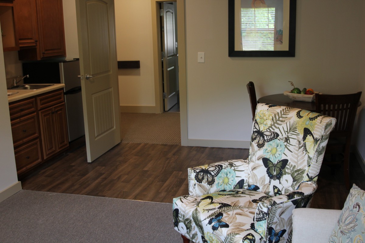 A cozy living room with a patterned armchair and open doorway.
