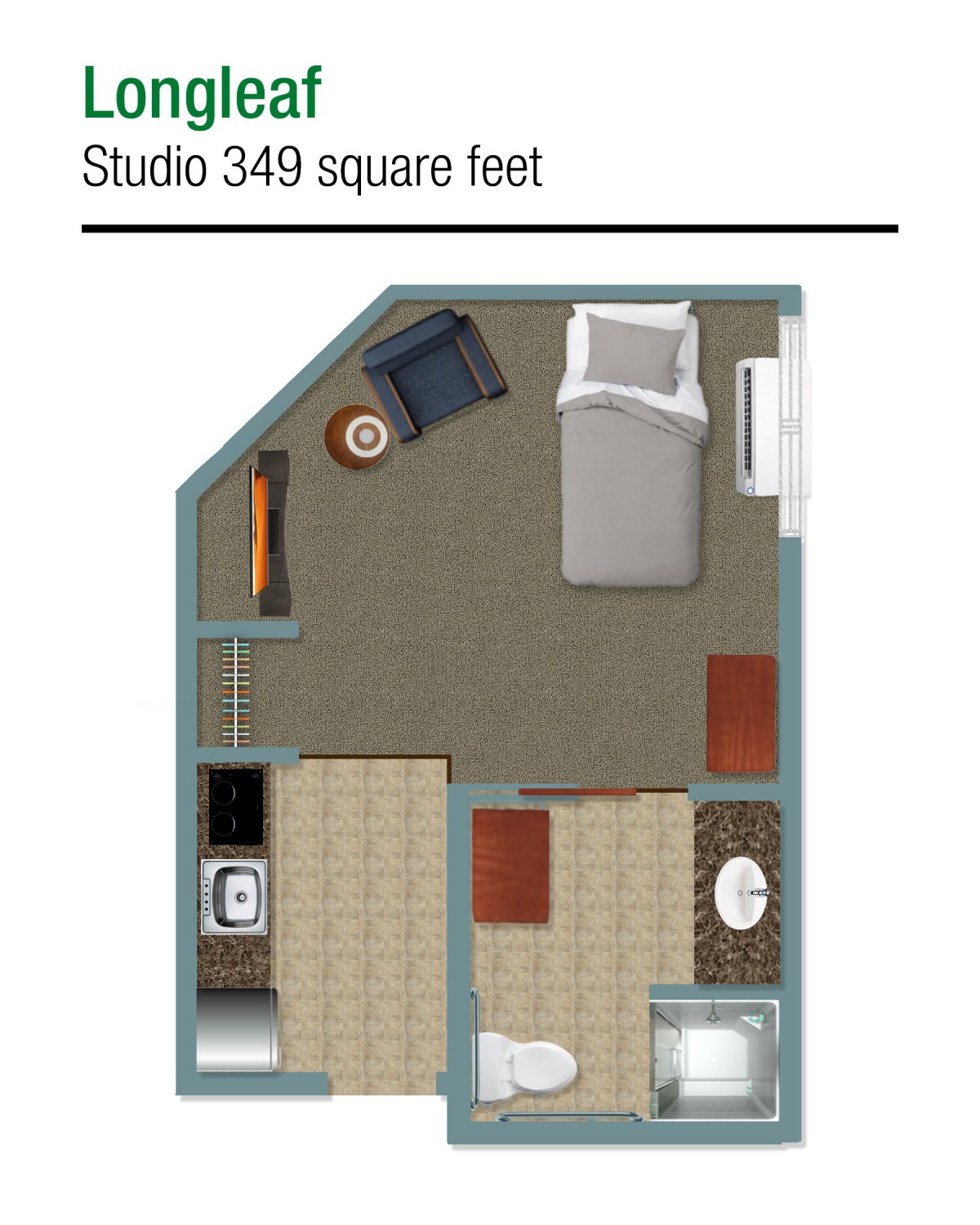 A floor plan of a 349 square feet studio apartment.