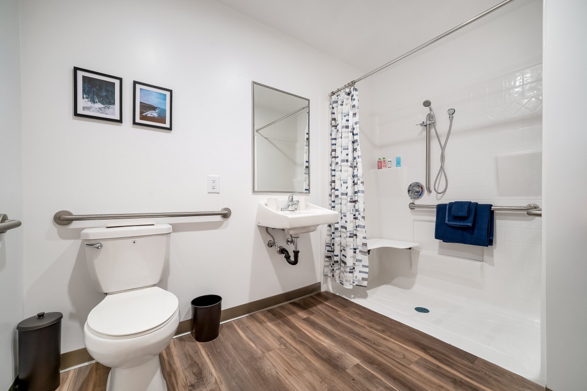 A modern, accessible bathroom with a toilet, sink, and shower equipped with grab bars.