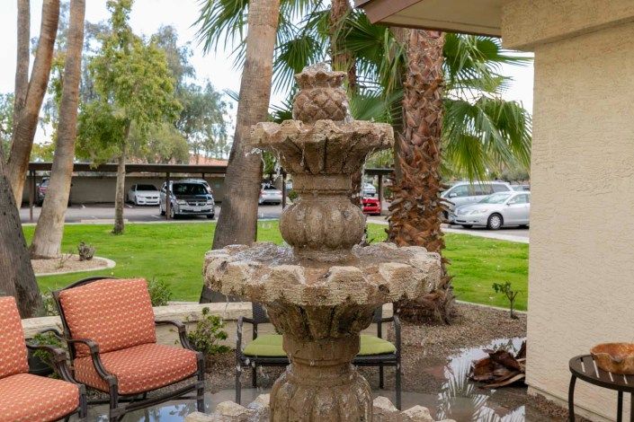 A garden scene featuring a multi-tiered stone fountain surrounded by palm trees and patio seating.