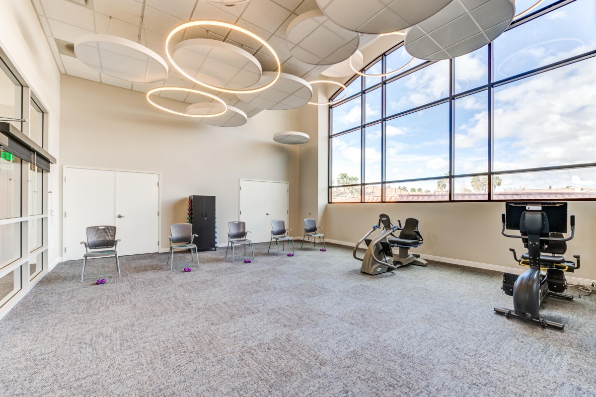 A modern conference room with circular ceiling lights and large windows providing ample natural light.