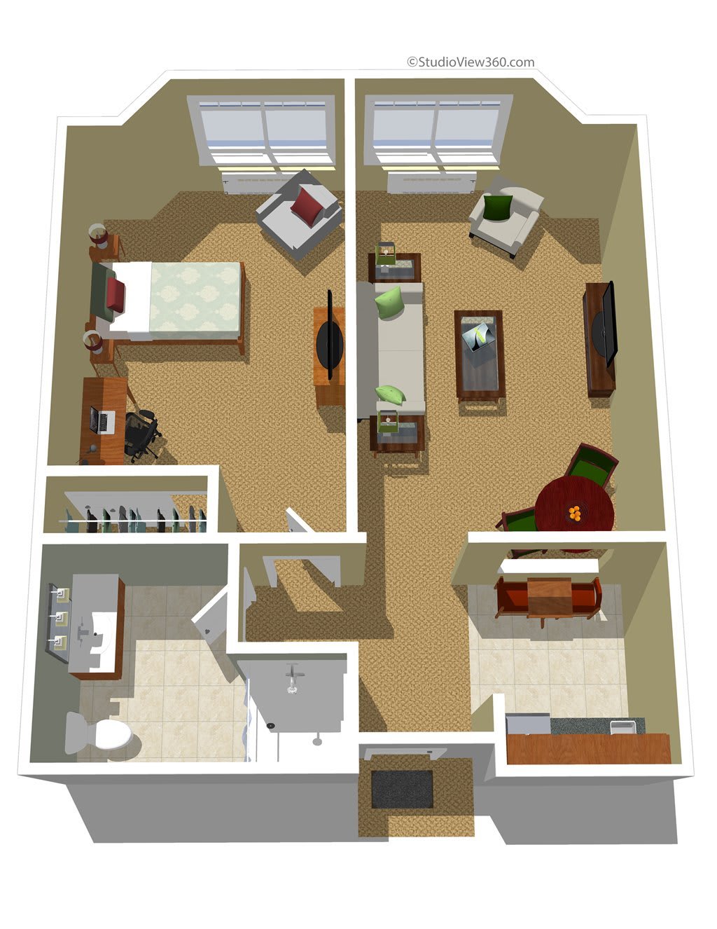 A 3D floor plan of an apartment showcasing two bedrooms and a shared living space.