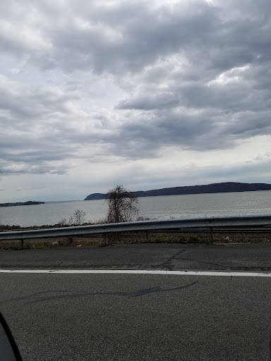 A serene lakeside view under a cloudy sky, captured from the roadside.
