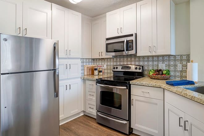 A modern kitchen featuring stainless steel appliances and white cabinets.