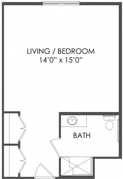 Studio apartment floor plan with living/bedroom area and a bathroom.