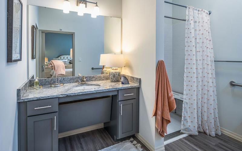 A modern bathroom with a vanity, mirror, and shower.