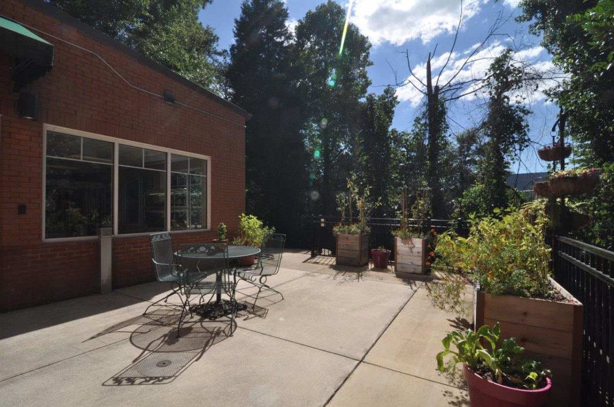 A sunny patio with outdoor seating and lush greenery.